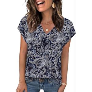 Zeagoo Womens Tops Short Sleeve V Neck Shirts Summer Dressy Casual Business Clothes Work Blouses Fashion Clothing Outfits(Mz473 Vintage Printed)