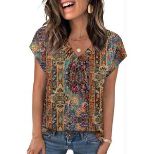 Zeagoo Womens Tops Short Sleeve V Neck Shirts Summer Dressy Casual Business Clothes Work Blouses Fashion Clothing Outfits(Mz721 Boho)