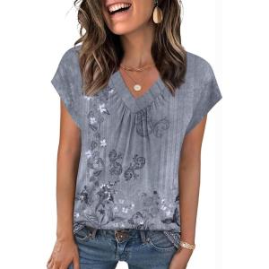Zeagoo Womens Tops Short Sleeve V Neck Shirts Summer Dressy Casual Business Clothes Work Blouses Fashion Clothing Outfits(Mz913 Grey Boho)