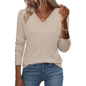 Zeagoo Womens V Neck Sweaters Shirts Long Sleeve Lightweight Ribbed Knit Pullover Sweater Blouse Tops with Buttons Oufits(Almond)