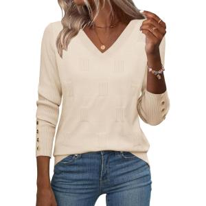 Zeagoo Womens V Neck Sweaters Shirts Long Sleeve Lightweight Ribbed Knit Pullover Sweater Blouse Tops with Buttons Oufits(Beige)