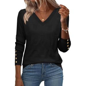 Zeagoo Womens V Neck Sweaters Shirts Long Sleeve Lightweight Ribbed Knit Pullover Sweater Blouse Tops with Buttons Oufits(Black)