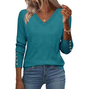 Zeagoo Womens V Neck Sweaters Shirts Long Sleeve Lightweight Ribbed Knit Pullover Sweater Blouse Tops with Buttons Oufits(Blue)