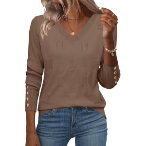 Zeagoo Womens V Neck Sweaters Shirts Long Sleeve Lightweight Ribbed Knit Pullover Sweater Blouse Tops with Buttons Oufits(Brown)