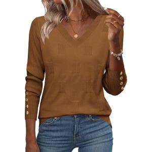 Zeagoo Womens V Neck Sweaters Shirts Long Sleeve Lightweight Ribbed Knit Pullover Sweater Blouse Tops with Buttons Oufits(Brownie)