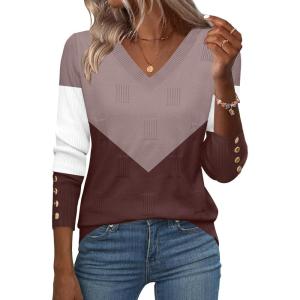 Zeagoo Womens V Neck Sweaters Shirts Long Sleeve Lightweight Ribbed Knit Pullover Sweater Blouse Tops with Buttons Oufits(C-chocolate Brown)