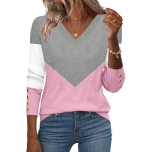 Zeagoo Womens V Neck Sweaters Shirts Long Sleeve Lightweight Ribbed Knit Pullover Sweater Blouse Tops with Buttons Oufits(C-grey Pink)