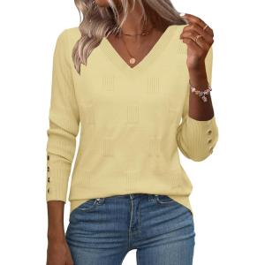 Zeagoo Womens V Neck Sweaters Shirts Long Sleeve Lightweight Ribbed Knit Pullover Sweater Blouse Tops with Buttons Oufits(Cream Yellow)