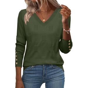 Zeagoo Womens V Neck Sweaters Shirts Long Sleeve Lightweight Ribbed Knit Pullover Sweater Blouse Tops with Buttons Oufits(Green)