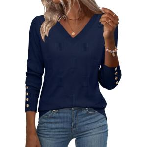 Zeagoo Womens V Neck Sweaters Shirts Long Sleeve Lightweight Ribbed Knit Pullover Sweater Blouse Tops with Buttons Oufits(Navy Blue)