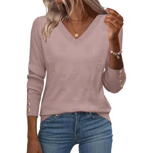 Zeagoo Womens V Neck Sweaters Shirts Long Sleeve Lightweight Ribbed Knit Pullover Sweater Blouse Tops with Buttons Oufits(Pink Purple)