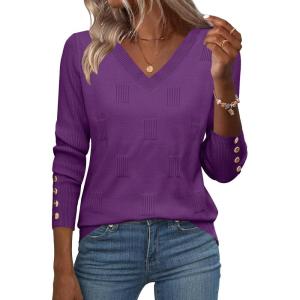 Zeagoo Womens V Neck Sweaters Shirts Long Sleeve Lightweight Ribbed Knit Pullover Sweater Blouse Tops with Buttons Oufits(Purple)