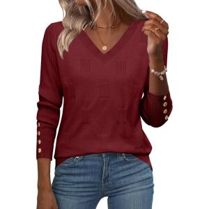Zeagoo Womens V Neck Sweaters Shirts Long Sleeve Lightweight Ribbed Knit Pullover Sweater Blouse Tops with Buttons Oufits(Red)