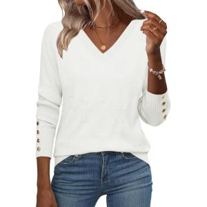 Zeagoo Womens V Neck Sweaters Shirts Long Sleeve Lightweight Ribbed Knit Pullover Sweater Blouse Tops with Buttons Oufits(White)