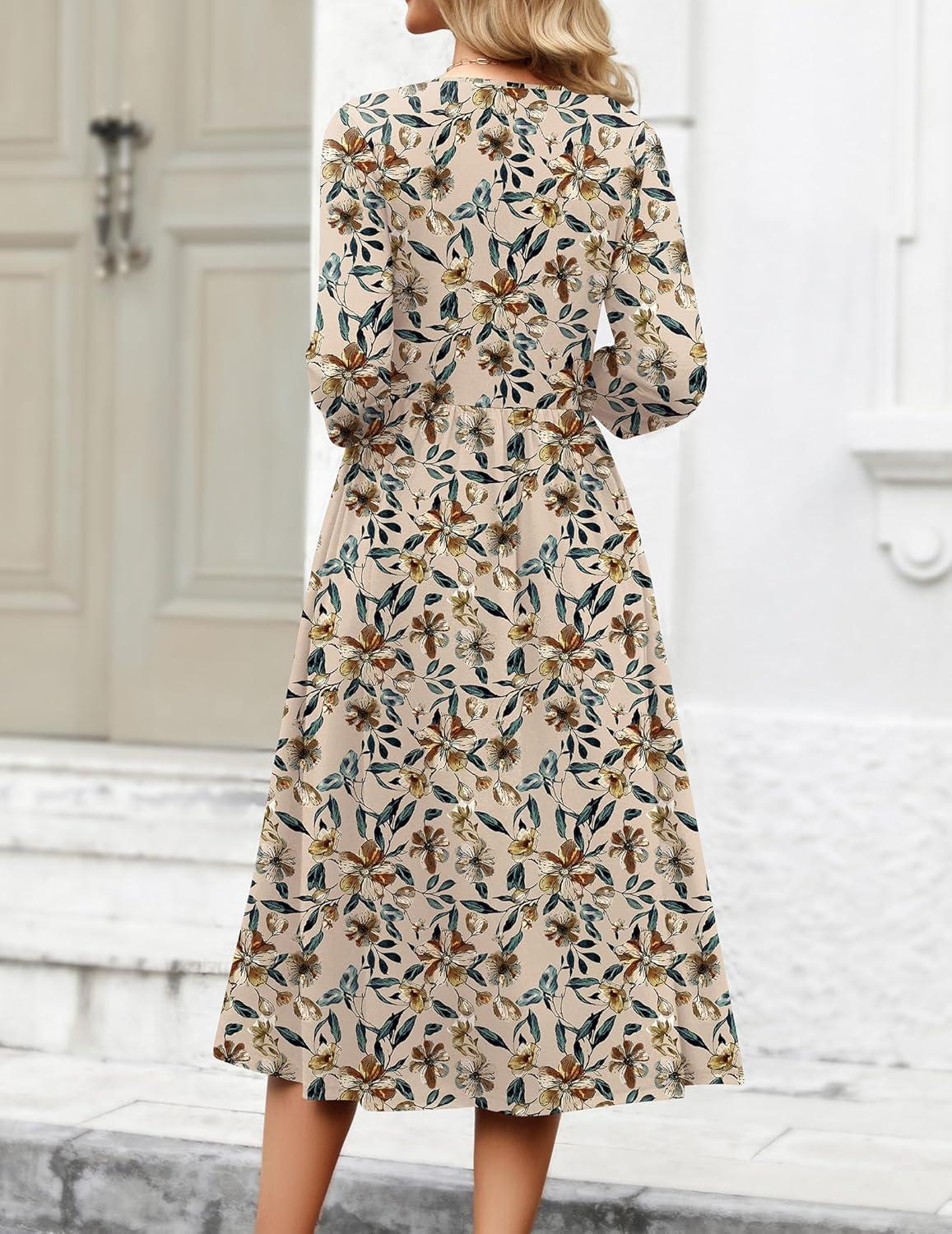 imageZeagoo 34 Sleeve Womens Dress Casual Flowy ALine Midi Tshirt Dresses with Pockets Crewneck Vocation Boho Beach SundressApricot Floral
