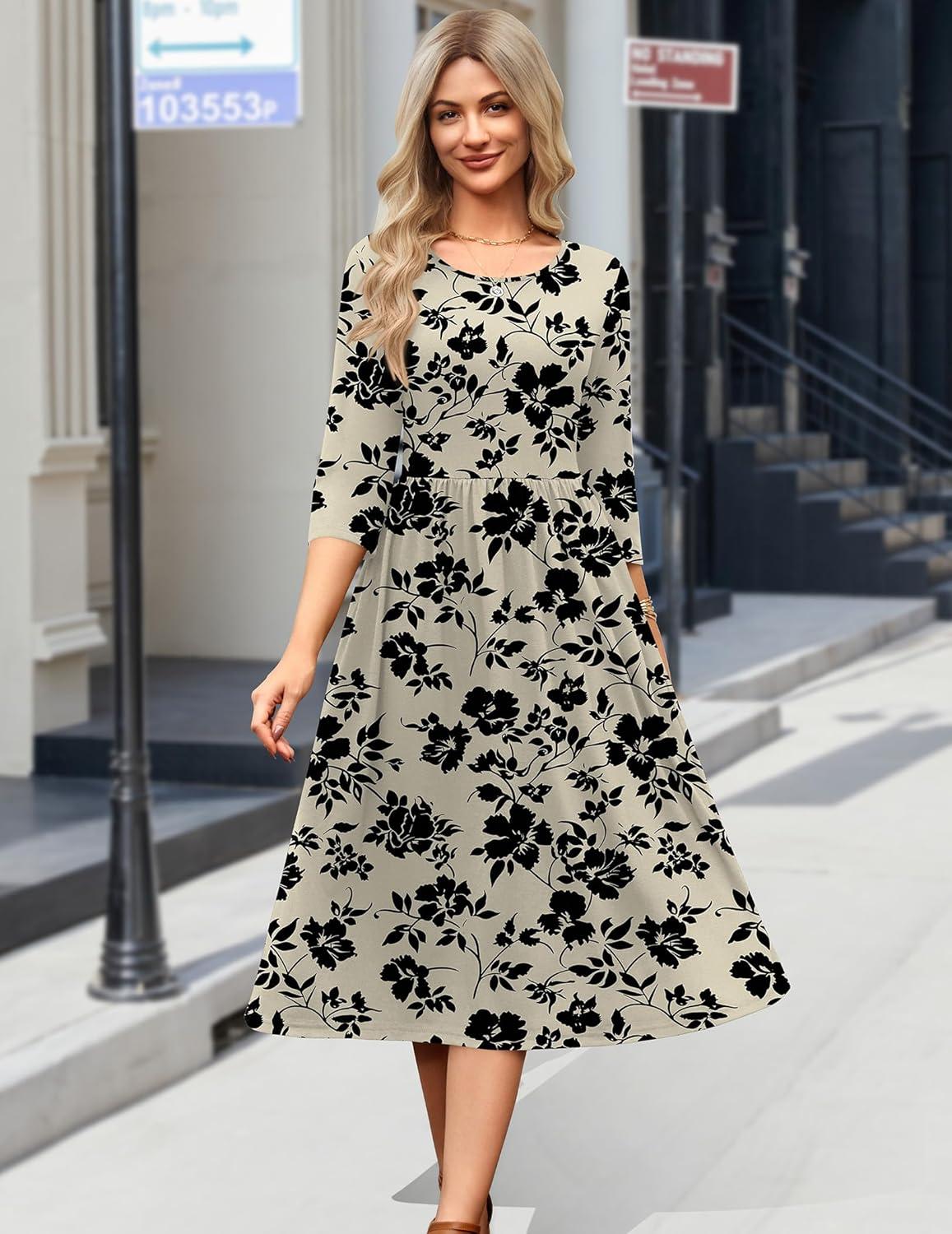 imageZeagoo 34 Sleeve Womens Dress Casual Flowy ALine Midi Tshirt Dresses with Pockets Crewneck Vocation Boho Beach SundressBeige Black Floral