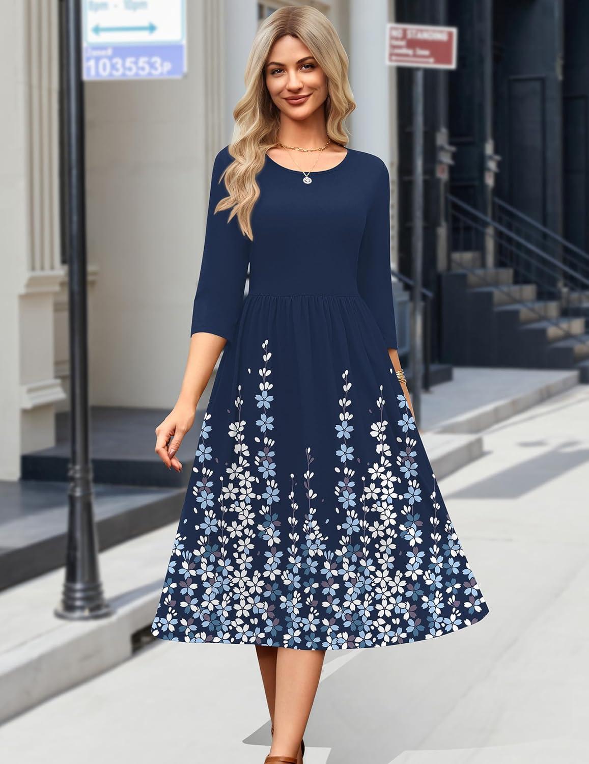 imageZeagoo 34 Sleeve Womens Dress Casual Flowy ALine Midi Tshirt Dresses with Pockets Crewneck Vocation Boho Beach SundressBlue Flower