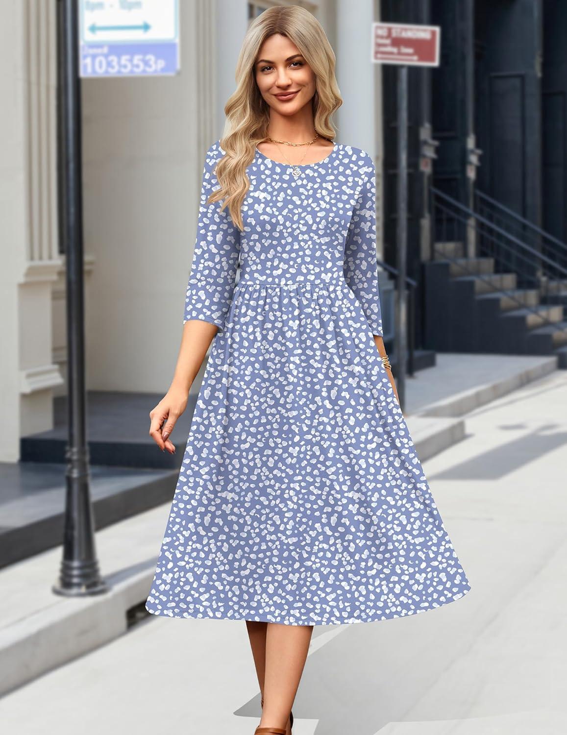 imageZeagoo 34 Sleeve Womens Dress Casual Flowy ALine Midi Tshirt Dresses with Pockets Crewneck Vocation Boho Beach SundressJh529