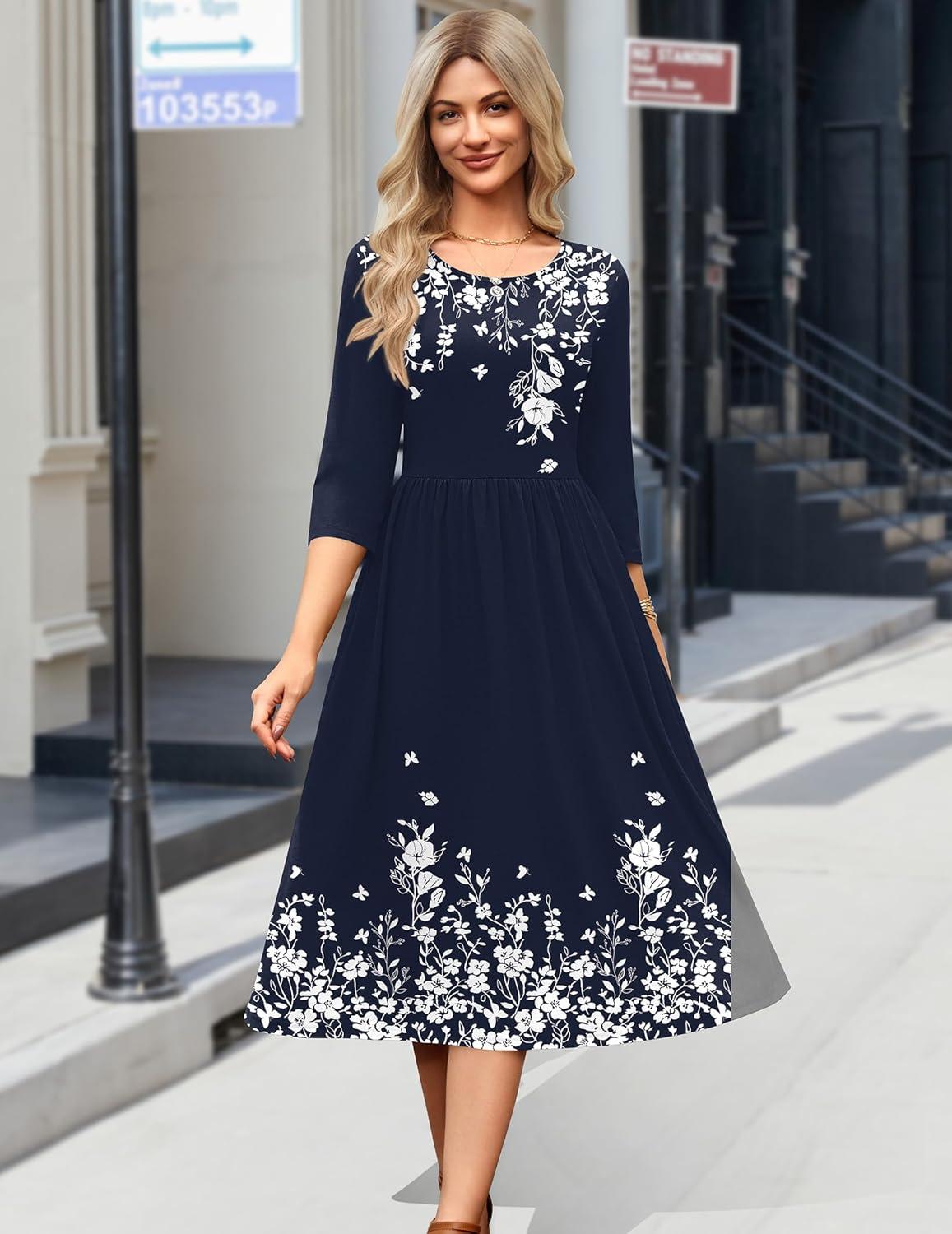 imageZeagoo 34 Sleeve Womens Dress Casual Flowy ALine Midi Tshirt Dresses with Pockets Crewneck Vocation Boho Beach SundressNavy Blue Floral