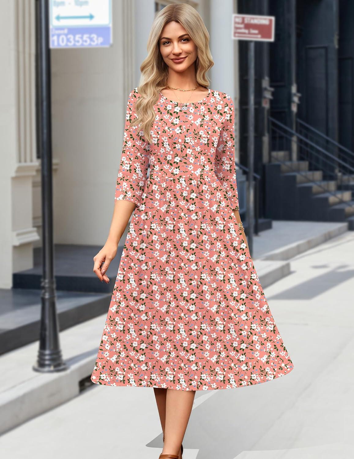 imageZeagoo 34 Sleeve Womens Dress Casual Flowy ALine Midi Tshirt Dresses with Pockets Crewneck Vocation Boho Beach SundressPink Floral