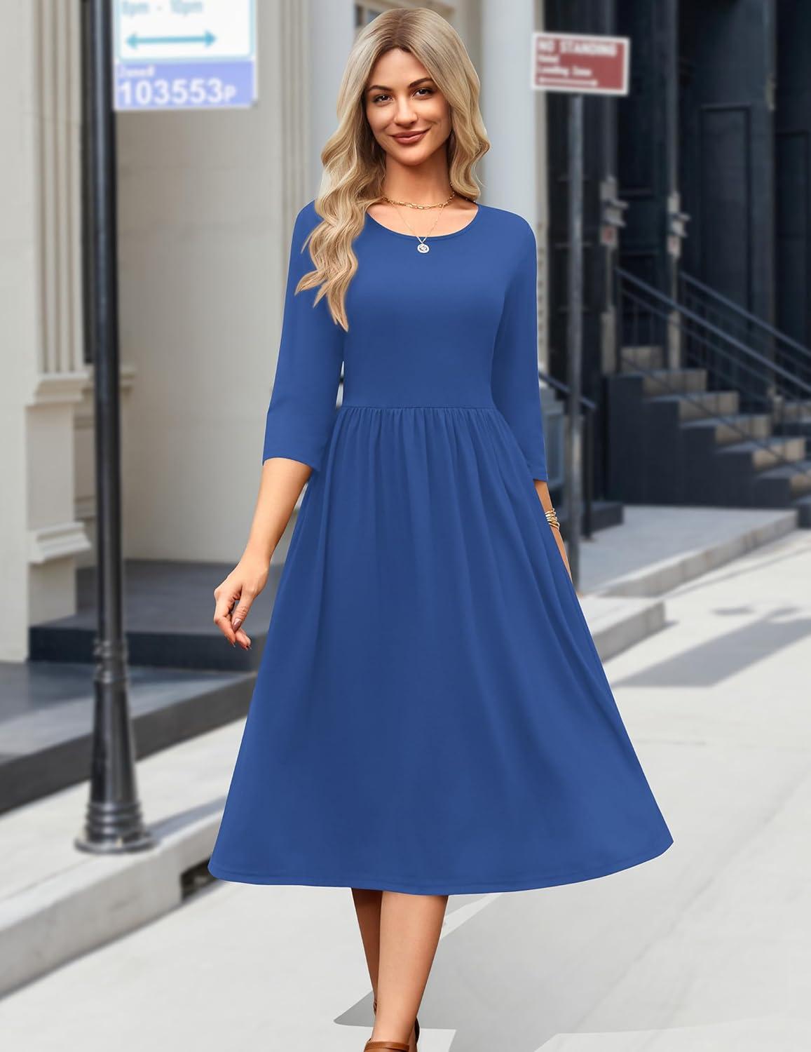 imageZeagoo 34 Sleeve Womens Dress Casual Flowy ALine Midi Tshirt Dresses with Pockets Crewneck Vocation Boho Beach SundressSolid Blue