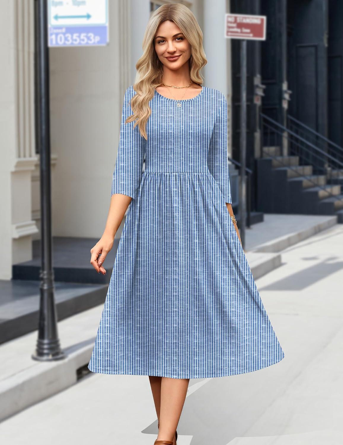 imageZeagoo 34 Sleeve Womens Dress Casual Flowy ALine Midi Tshirt Dresses with Pockets Crewneck Vocation Boho Beach SundressStripe Print