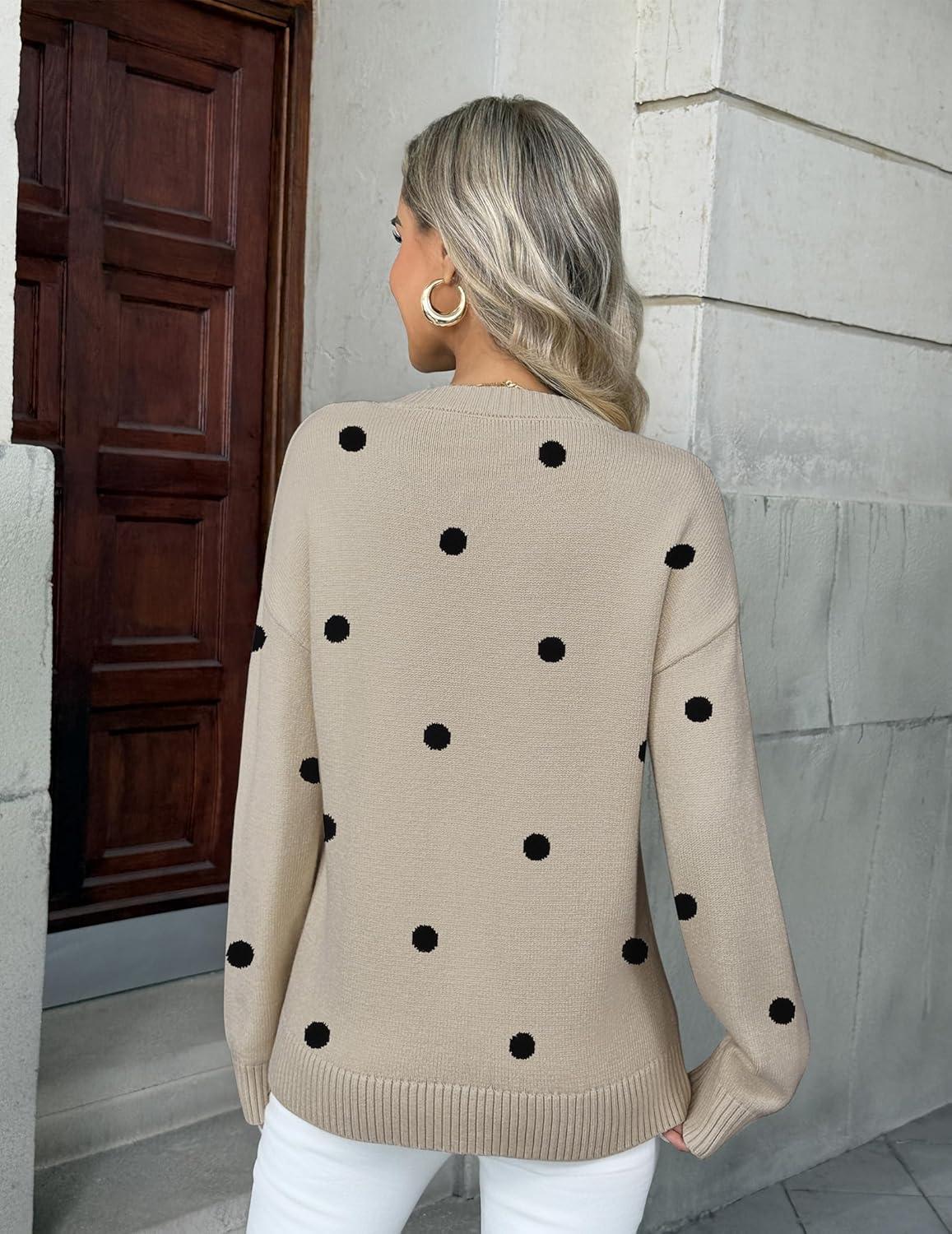 imageZeagoo Fall Sweaters for Women 2026 Long Sleeve Crewneck Ribbed Knit Pullover Sweater Loose Fit Basic Jumper TopsA Polka Dotkhaki