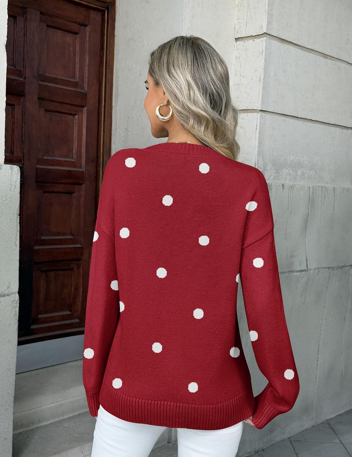 imageZeagoo Fall Sweaters for Women 2026 Long Sleeve Crewneck Ribbed Knit Pullover Sweater Loose Fit Basic Jumper TopsA Polka Dotred