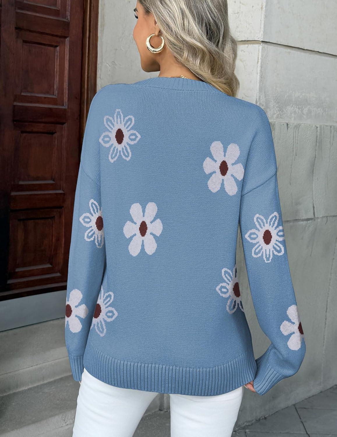 imageZeagoo Fall Sweaters for Women 2026 Long Sleeve Crewneck Ribbed Knit Pullover Sweater Loose Fit Basic Jumper TopsFlower193