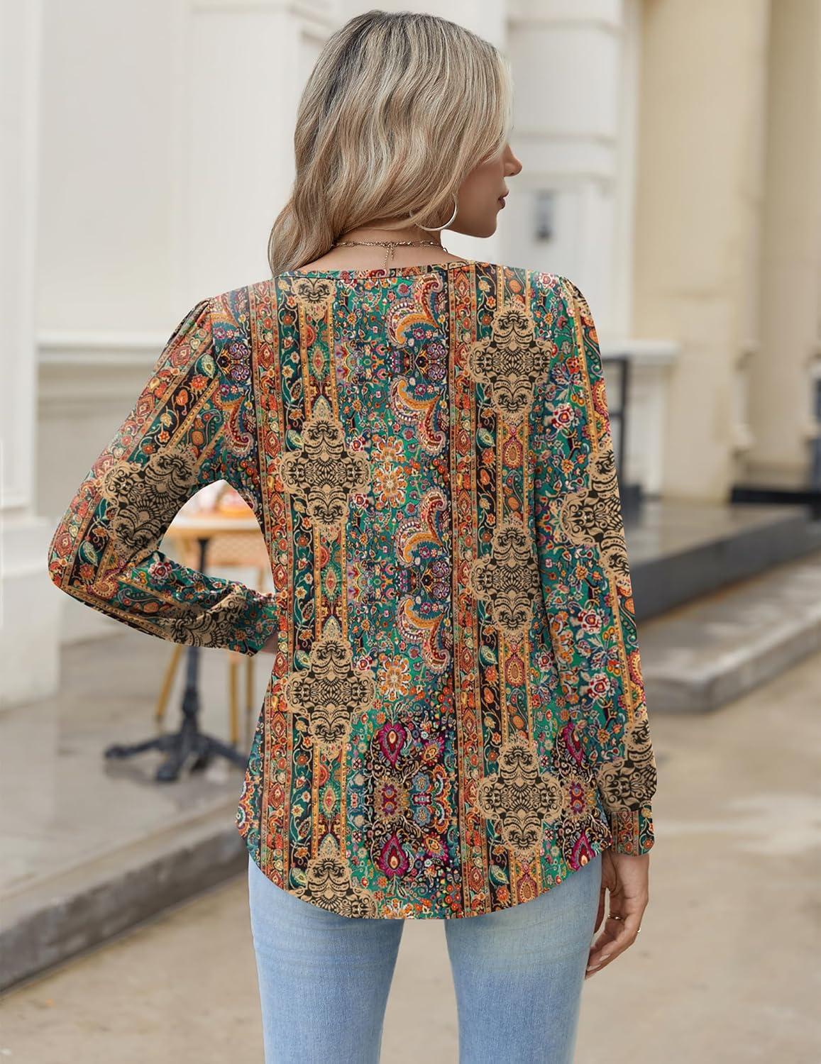 imageZeagoo Long Sleeve Shirts for Women 2025 Casual Pleated V Neck Fall Tunic Tops Button Down Blouse Dressy Loose TShirts01ethnic Floral 01