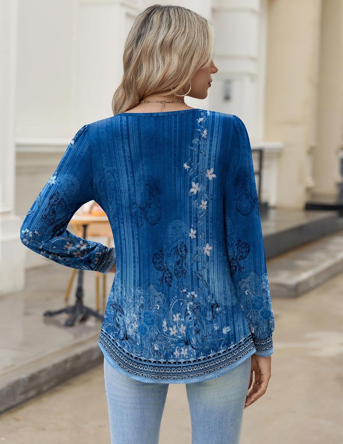imageZeagoo Long Sleeve Shirts for Women 2025 Casual Pleated V Neck Fall Tunic Tops Button Down Blouse Dressy Loose TShirts02 Blue Ethnic Floral