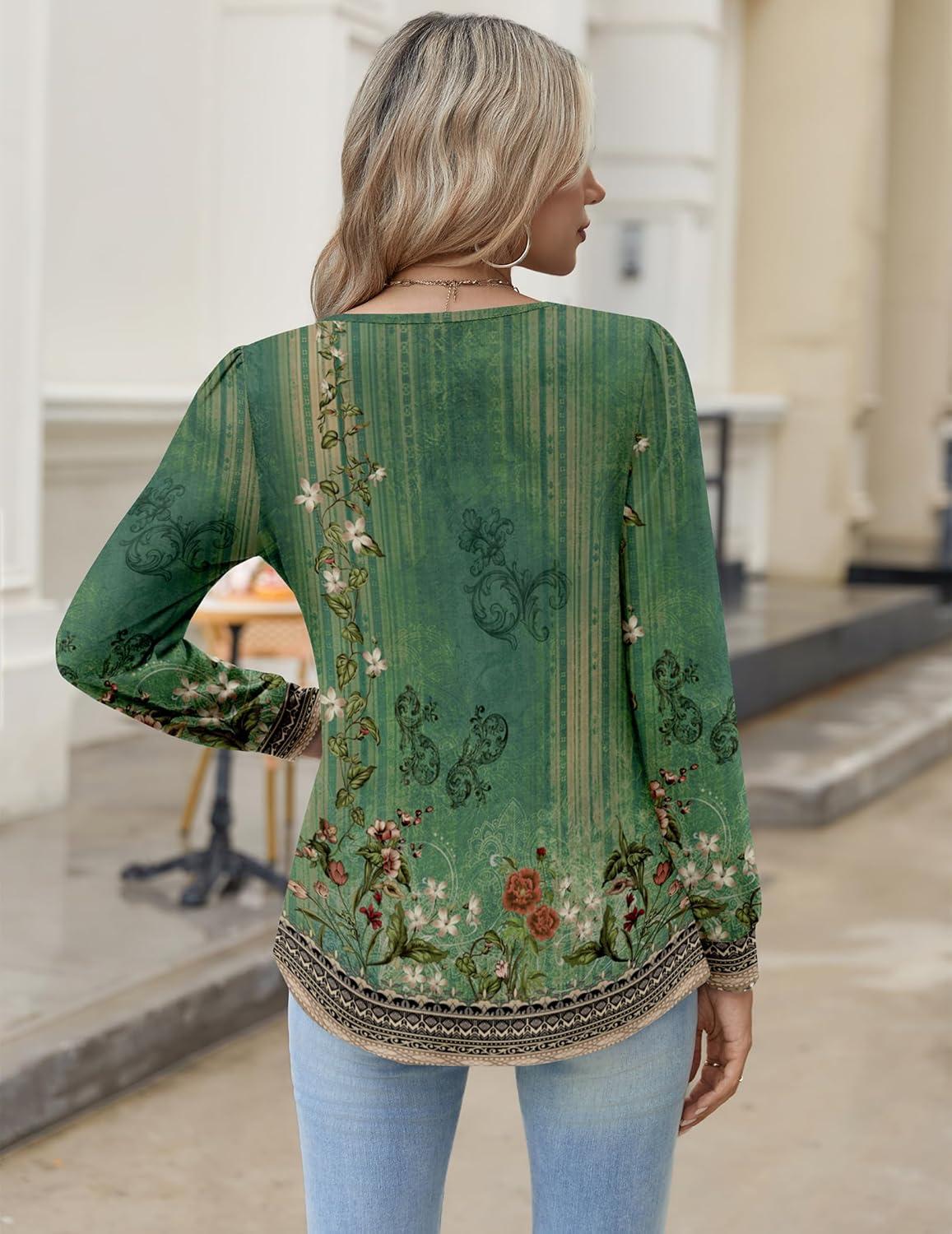 imageZeagoo Long Sleeve Shirts for Women 2025 Casual Pleated V Neck Fall Tunic Tops Button Down Blouse Dressy Loose TShirts02green Ethnic Print