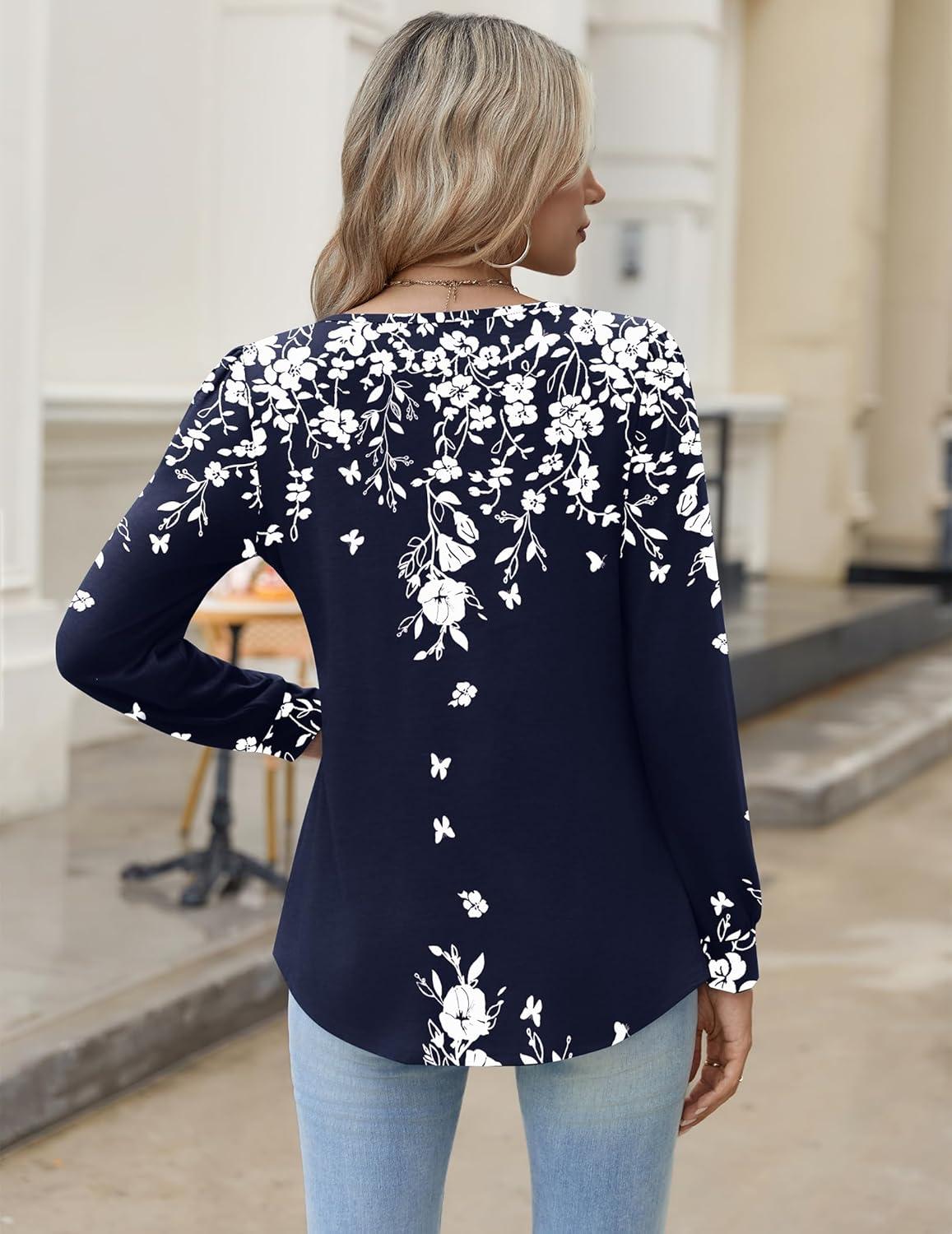 imageZeagoo Long Sleeve Shirts for Women 2025 Casual Pleated V Neck Fall Tunic Tops Button Down Blouse Dressy Loose TShirts02navy Flower