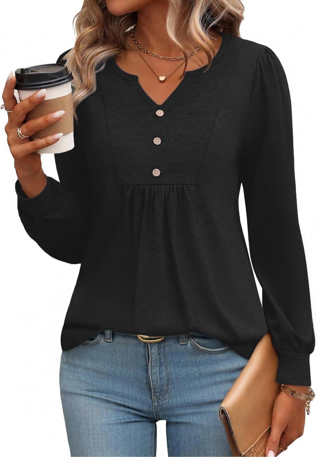 imageZeagoo Long Sleeve Shirts for Women 2025 Casual Pleated V Neck Fall Tunic Tops Button Down Blouse Dressy Loose TShirtsBlack