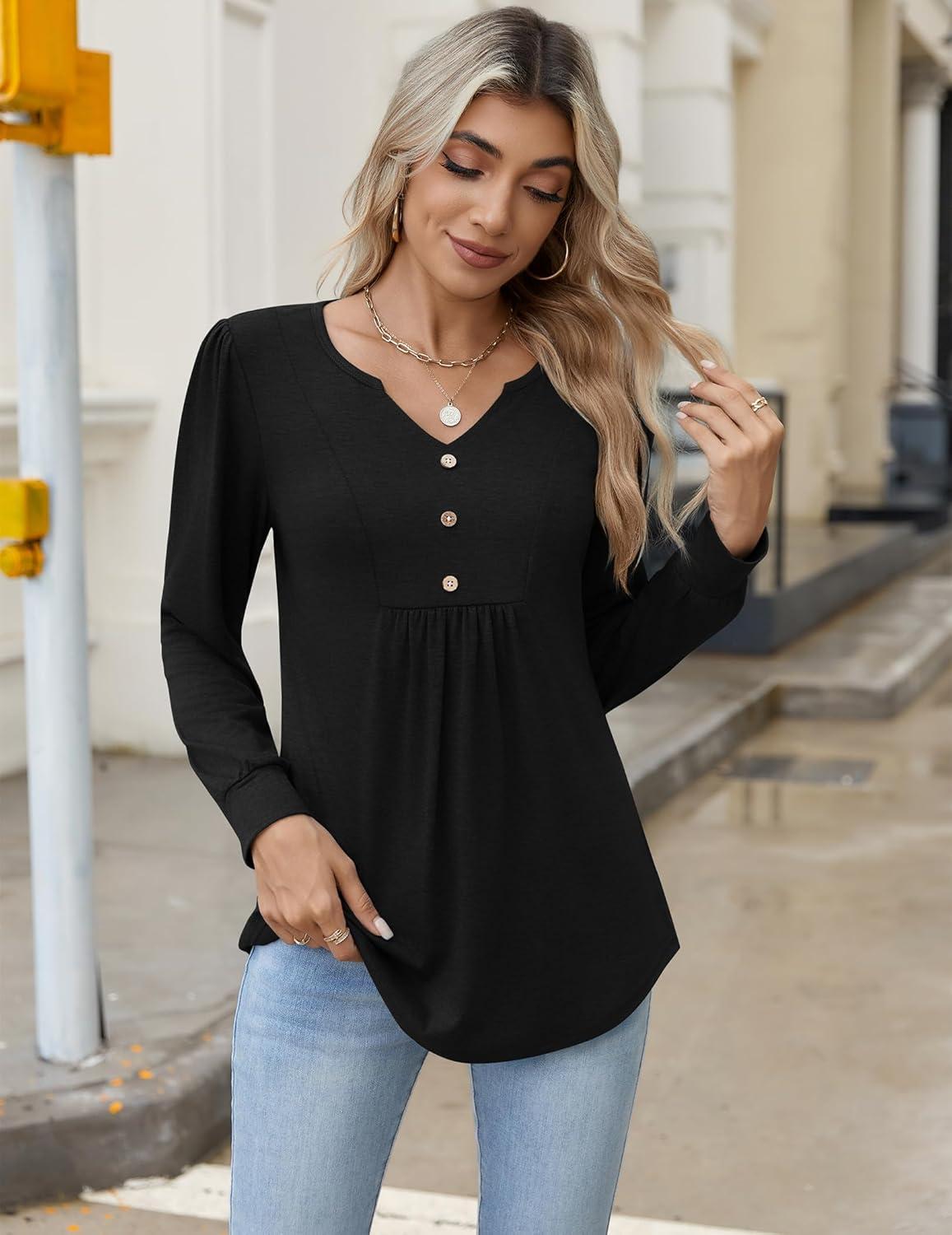 imageZeagoo Long Sleeve Shirts for Women 2025 Casual Pleated V Neck Fall Tunic Tops Button Down Blouse Dressy Loose TShirtsBlack