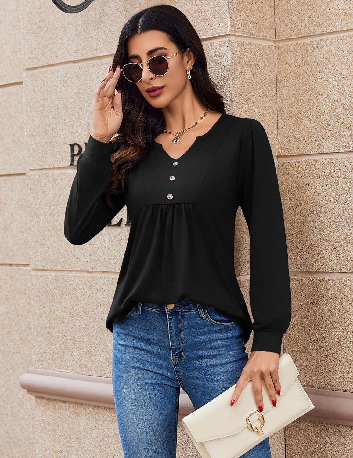imageZeagoo Long Sleeve Shirts for Women 2025 Casual Pleated V Neck Fall Tunic Tops Button Down Blouse Dressy Loose TShirtsBlack