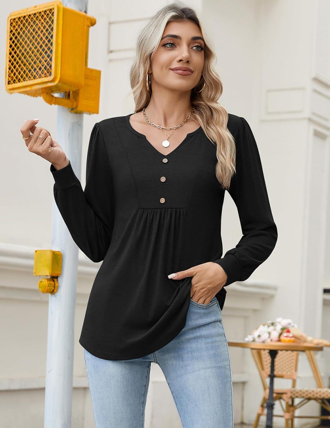 imageZeagoo Long Sleeve Shirts for Women 2025 Casual Pleated V Neck Fall Tunic Tops Button Down Blouse Dressy Loose TShirtsBlack