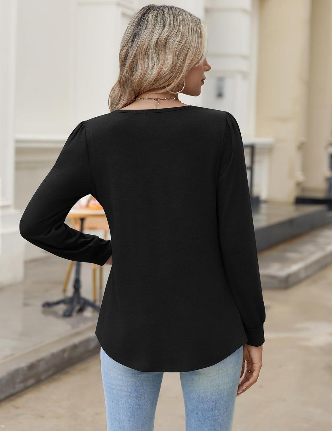 imageZeagoo Long Sleeve Shirts for Women 2025 Casual Pleated V Neck Fall Tunic Tops Button Down Blouse Dressy Loose TShirtsBlack
