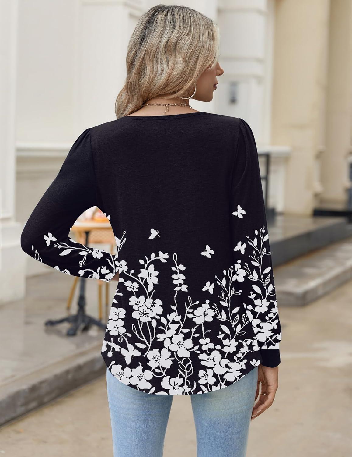 imageZeagoo Long Sleeve Shirts for Women 2025 Casual Pleated V Neck Fall Tunic Tops Button Down Blouse Dressy Loose TShirtsBlack Floral