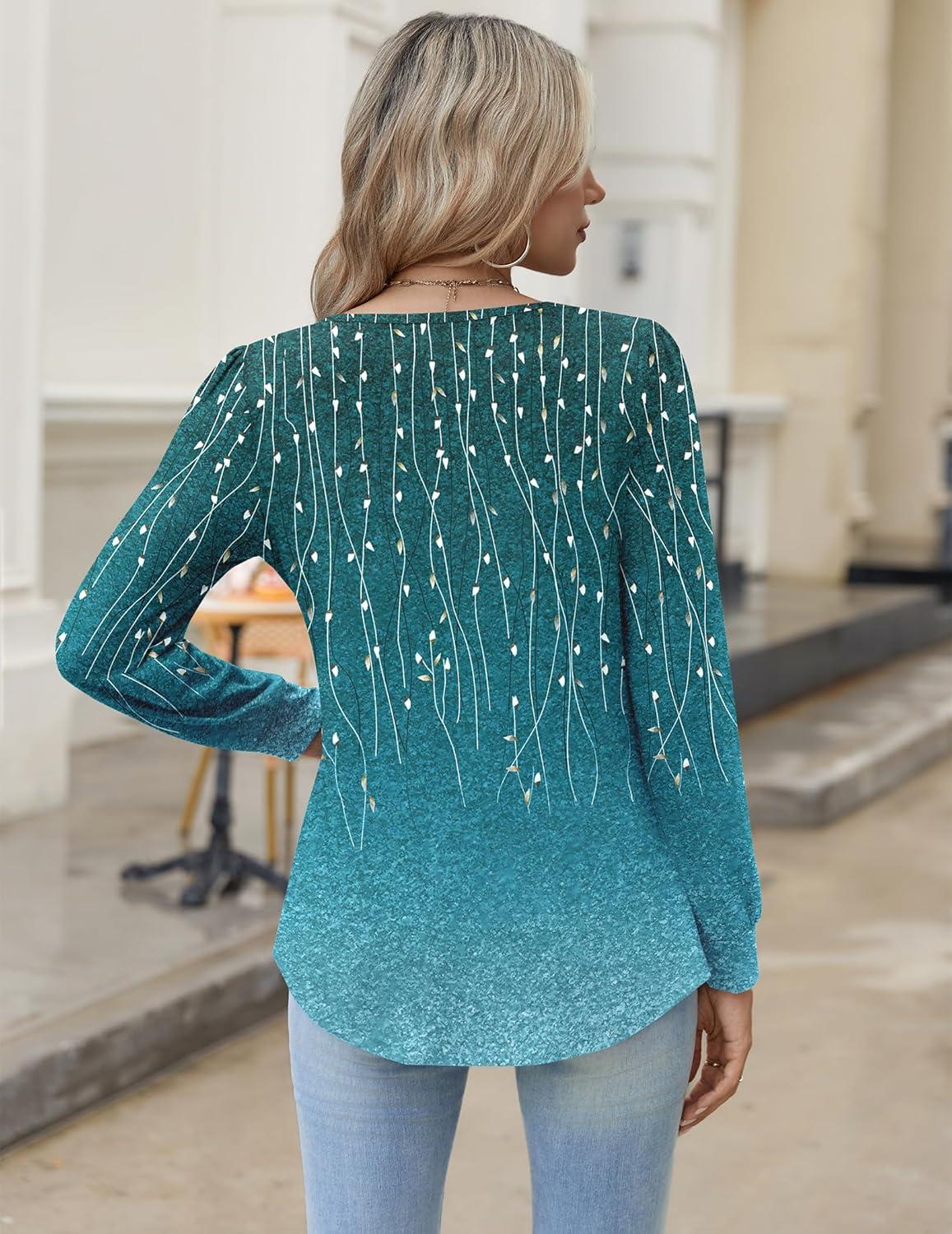 imageZeagoo Long Sleeve Shirts for Women 2025 Casual Pleated V Neck Fall Tunic Tops Button Down Blouse Dressy Loose TShirtsBlue Floral
