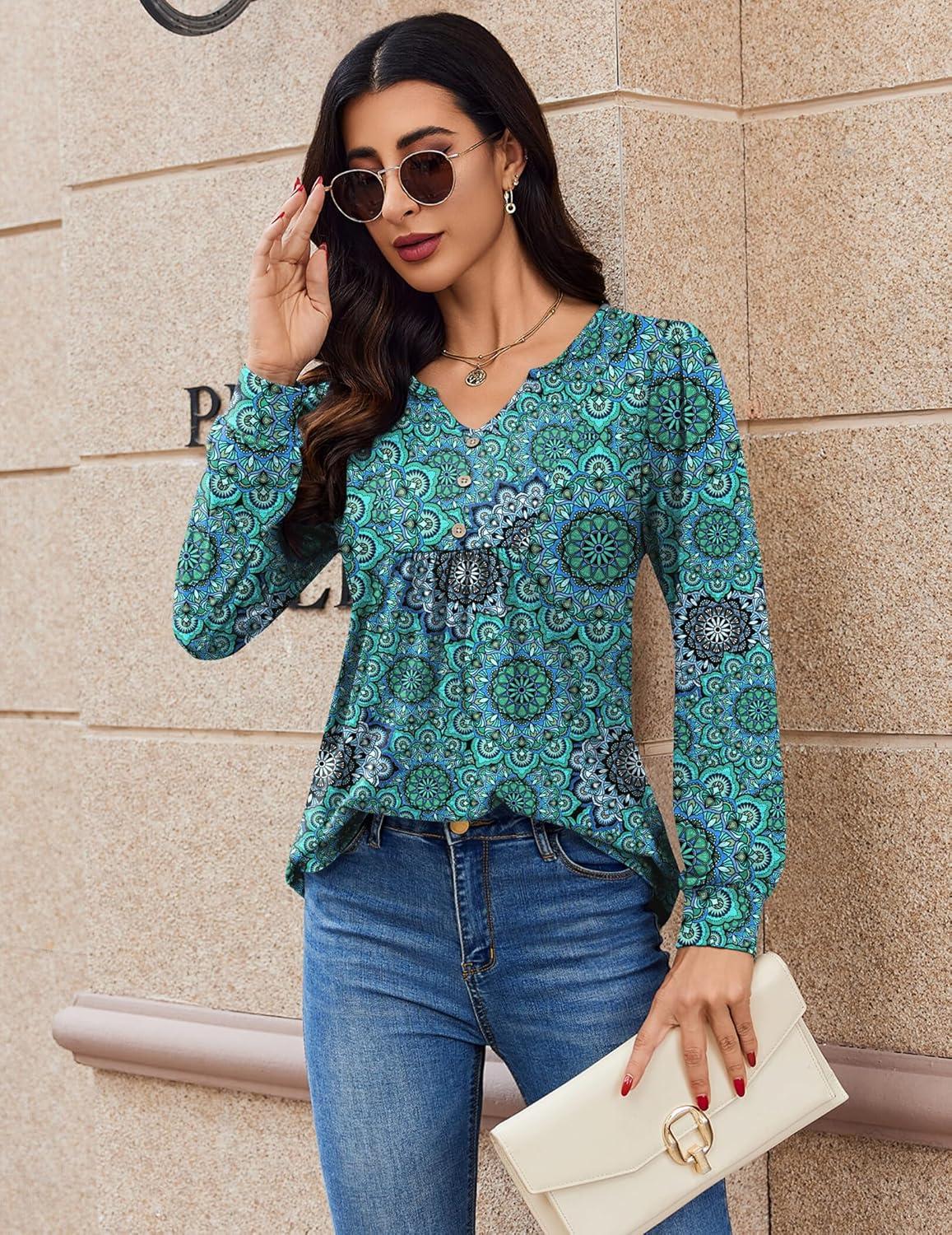 imageZeagoo Long Sleeve Shirts for Women 2025 Casual Pleated V Neck Fall Tunic Tops Button Down Blouse Dressy Loose TShirtsGreen Floral