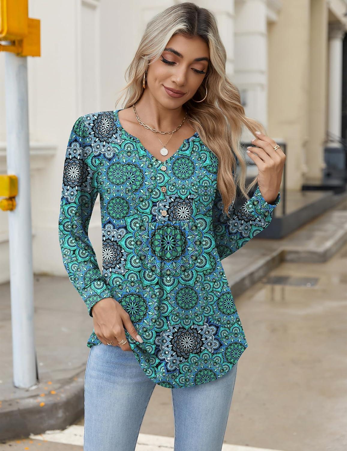 imageZeagoo Long Sleeve Shirts for Women 2025 Casual Pleated V Neck Fall Tunic Tops Button Down Blouse Dressy Loose TShirtsGreen Floral