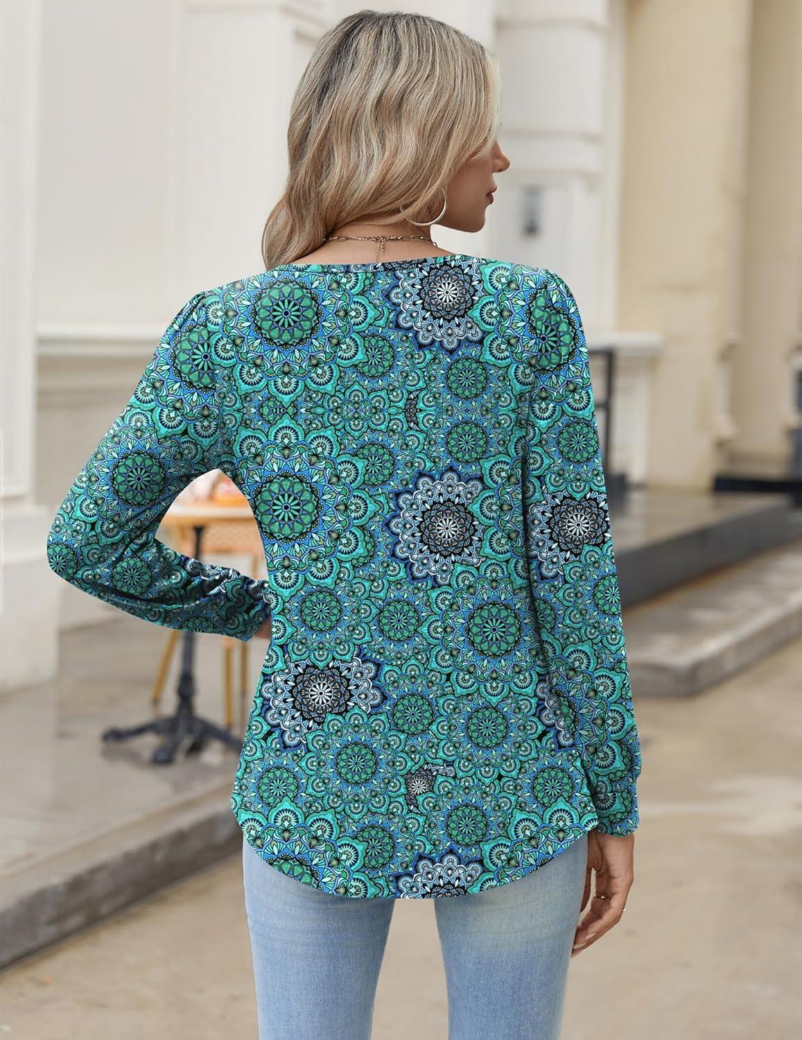 imageZeagoo Long Sleeve Shirts for Women 2025 Casual Pleated V Neck Fall Tunic Tops Button Down Blouse Dressy Loose TShirtsGreen Floral