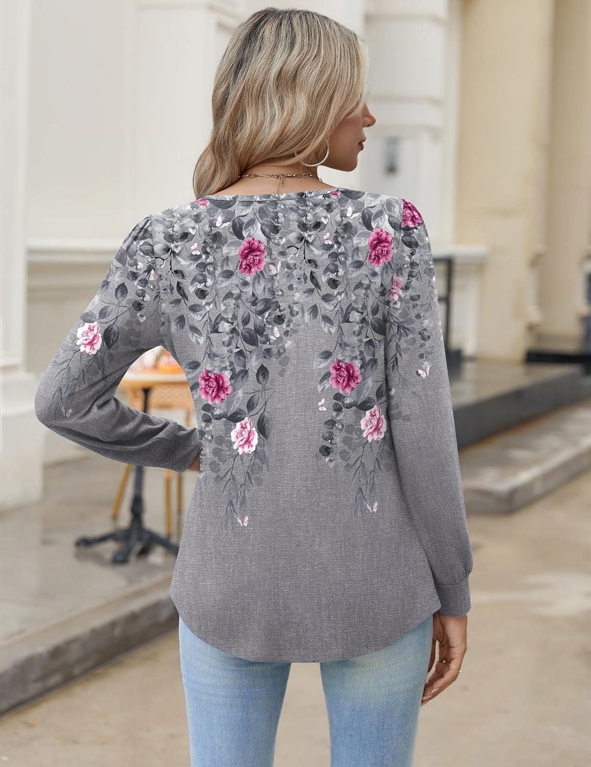 imageZeagoo Long Sleeve Shirts for Women 2025 Casual Pleated V Neck Fall Tunic Tops Button Down Blouse Dressy Loose TShirtsGrey Floral
