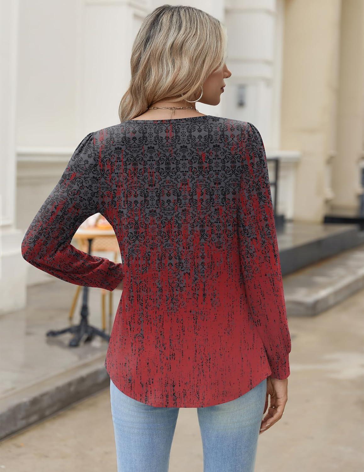 imageZeagoo Long Sleeve Shirts for Women 2025 Casual Pleated V Neck Fall Tunic Tops Button Down Blouse Dressy Loose TShirtsGrey Red Print