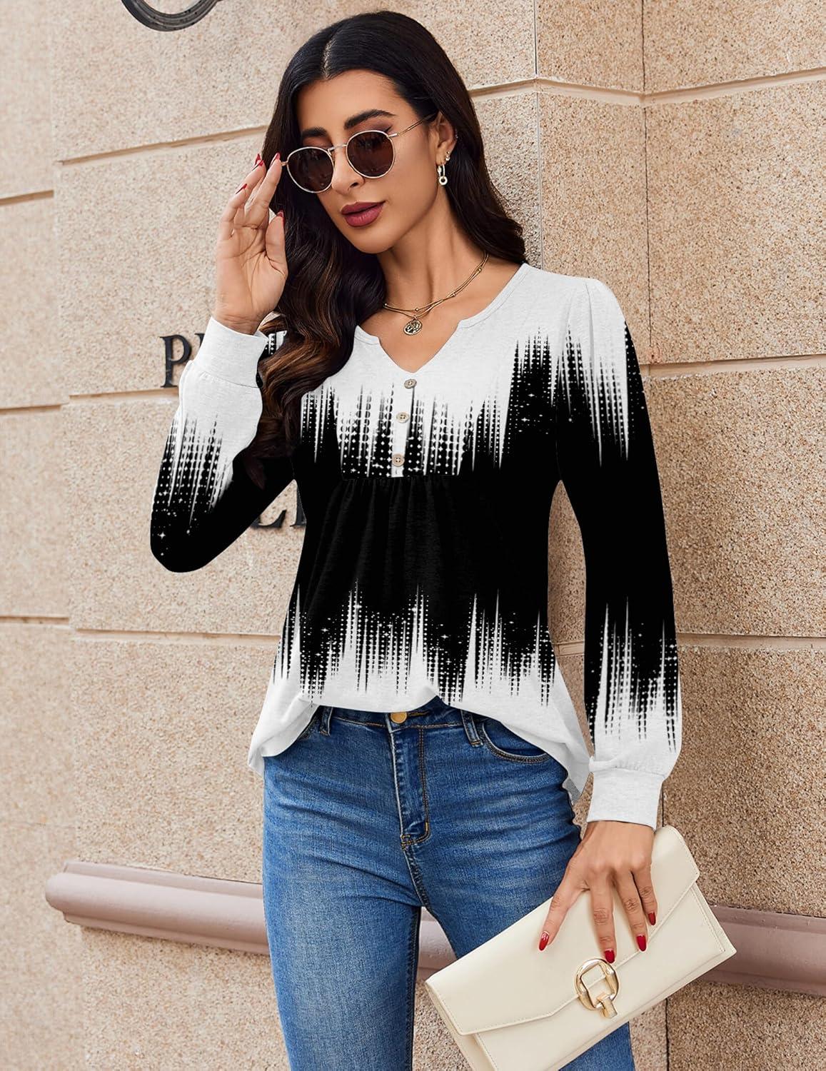 imageZeagoo Long Sleeve Shirts for Women 2025 Casual Pleated V Neck Fall Tunic Tops Button Down Blouse Dressy Loose TShirtsJb204