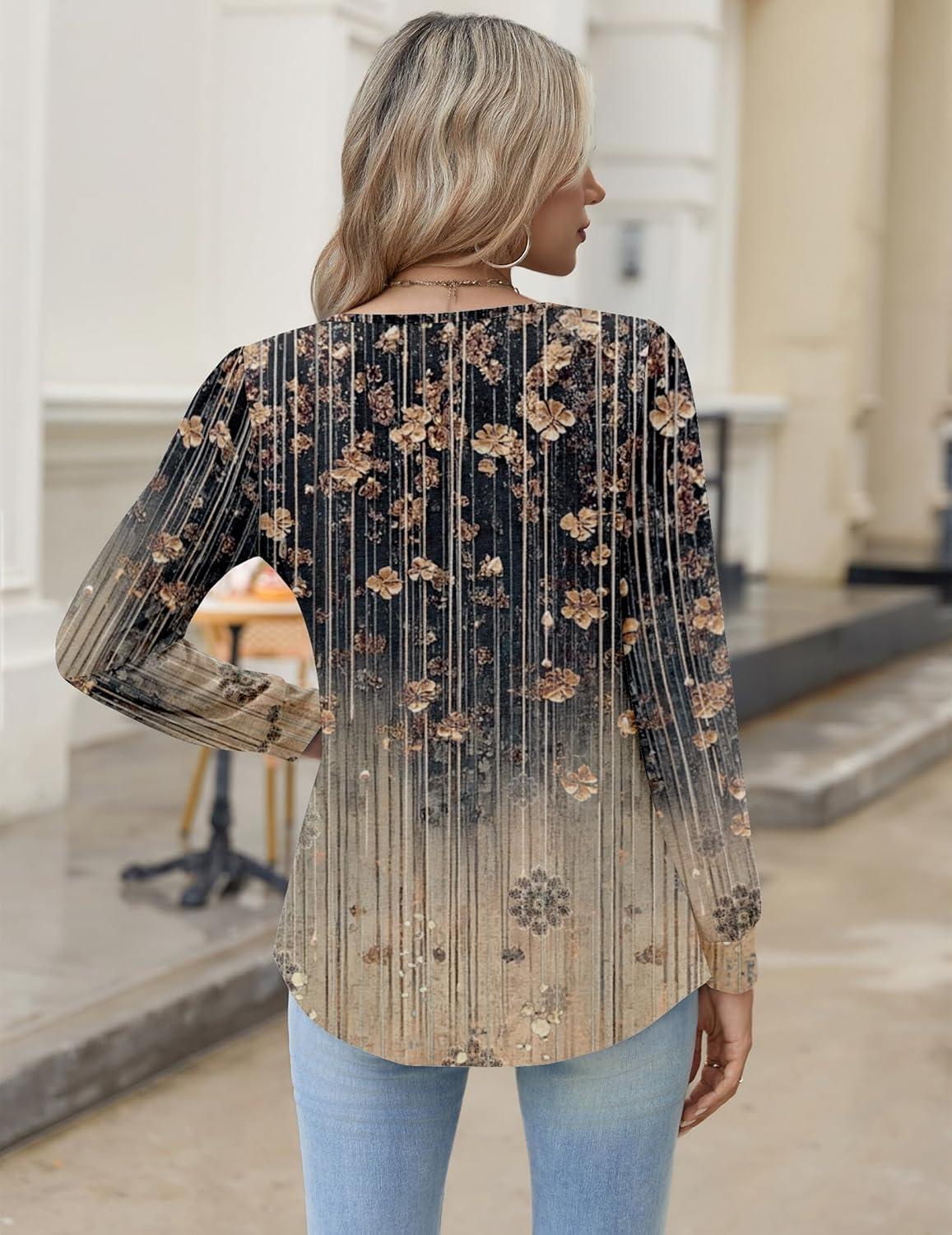 imageZeagoo Long Sleeve Shirts for Women 2025 Casual Pleated V Neck Fall Tunic Tops Button Down Blouse Dressy Loose TShirtsKhaki Floral