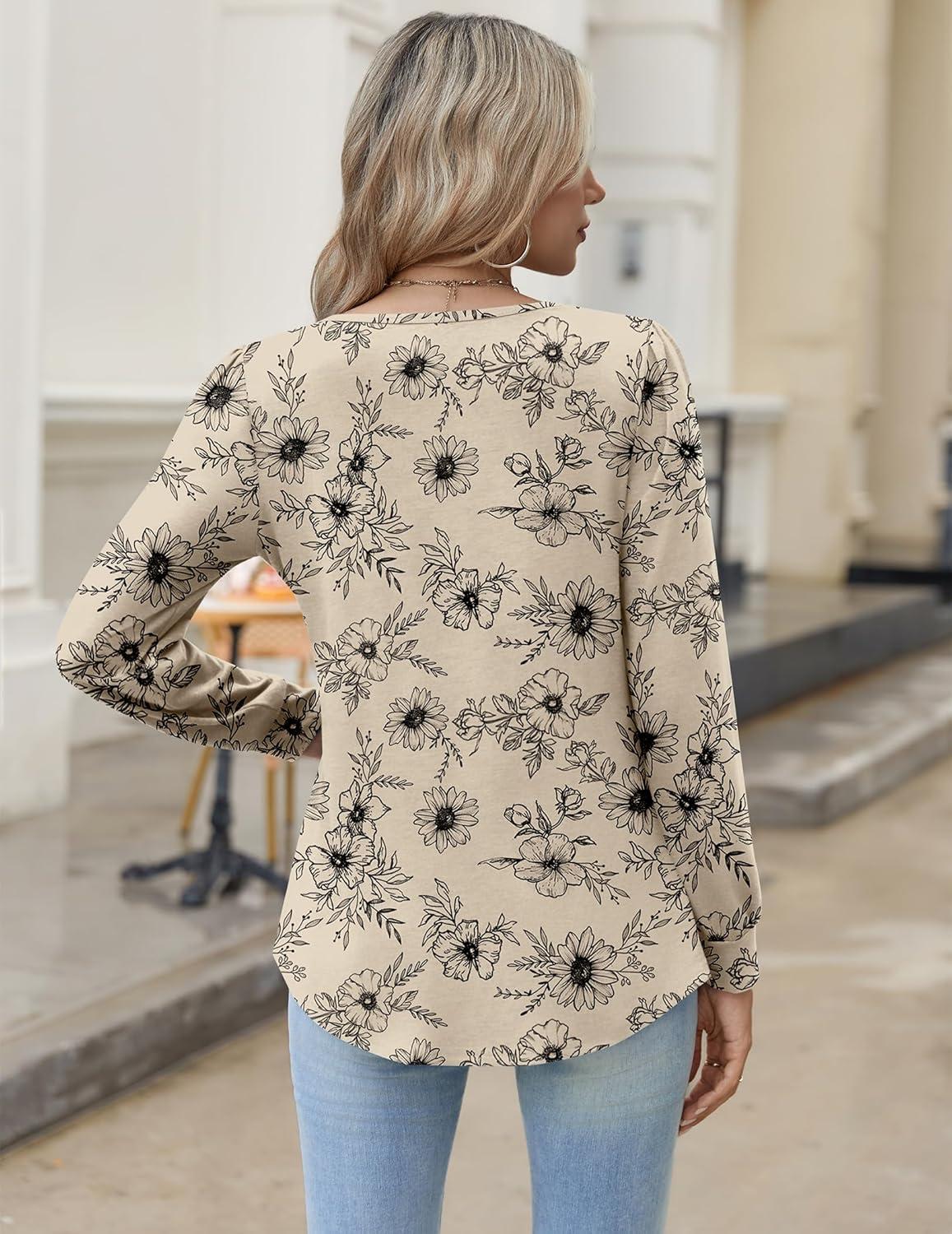 imageZeagoo Long Sleeve Shirts for Women 2025 Casual Pleated V Neck Fall Tunic Tops Button Down Blouse Dressy Loose TShirtsLight Coffee Floral