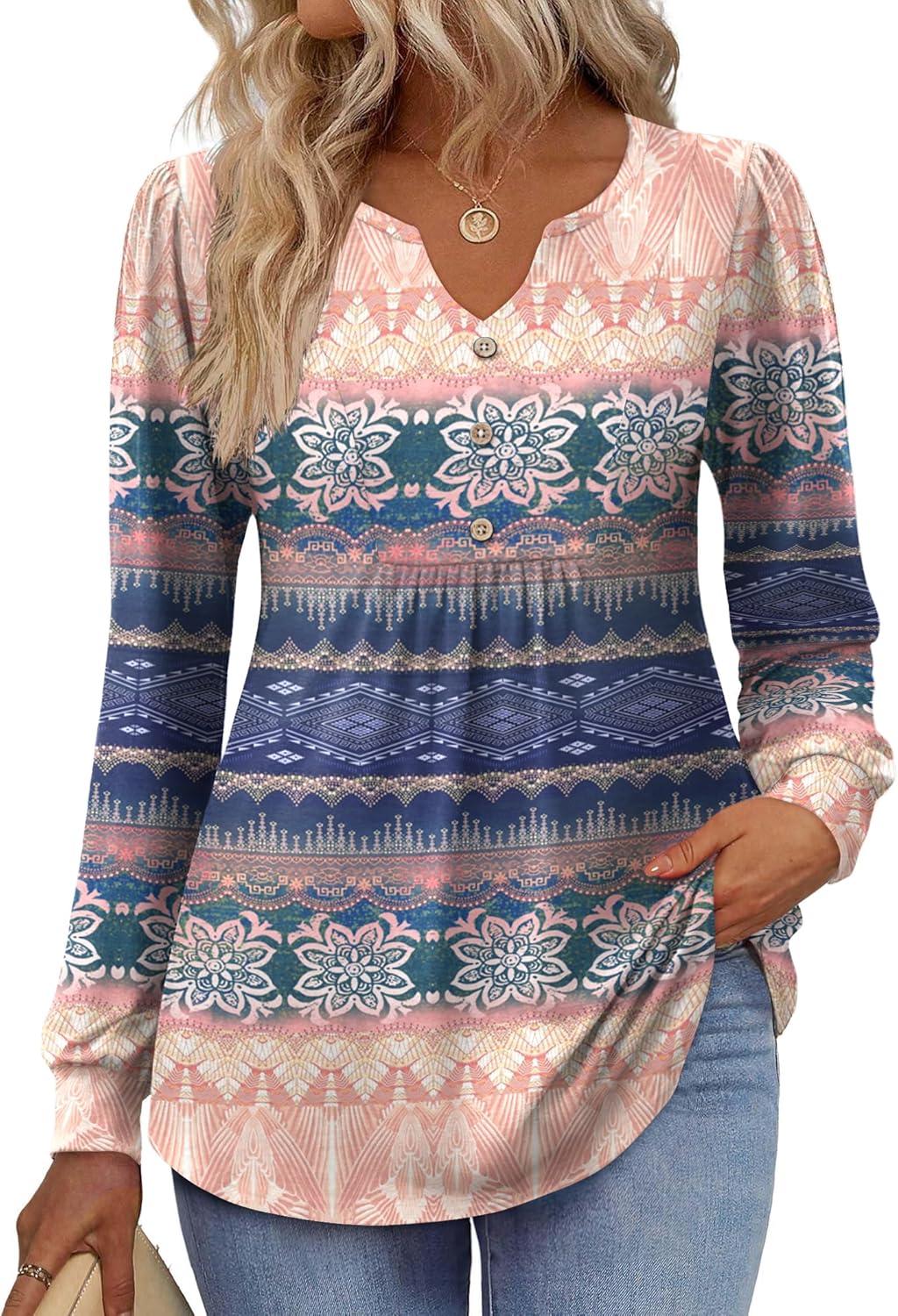 imageZeagoo Long Sleeve Shirts for Women 2025 Casual Pleated V Neck Fall Tunic Tops Button Down Blouse Dressy Loose TShirtsMz814