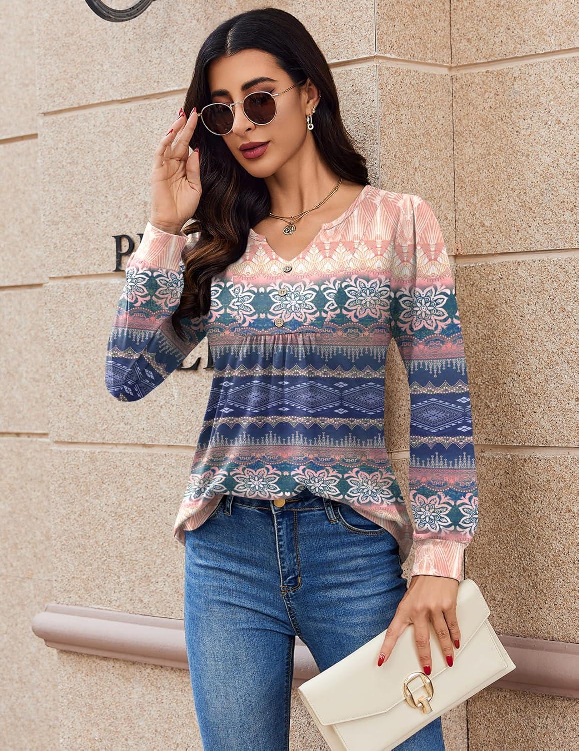 imageZeagoo Long Sleeve Shirts for Women 2025 Casual Pleated V Neck Fall Tunic Tops Button Down Blouse Dressy Loose TShirtsMz814